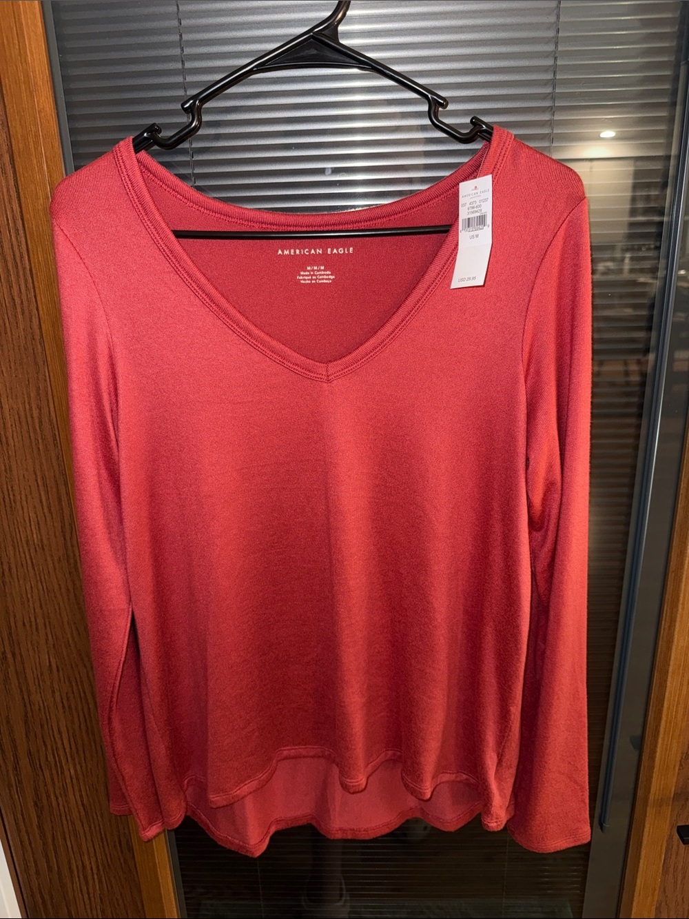 American Eagle Outfitters Women's Coral-Red V-Neck Long Sleeve Top
